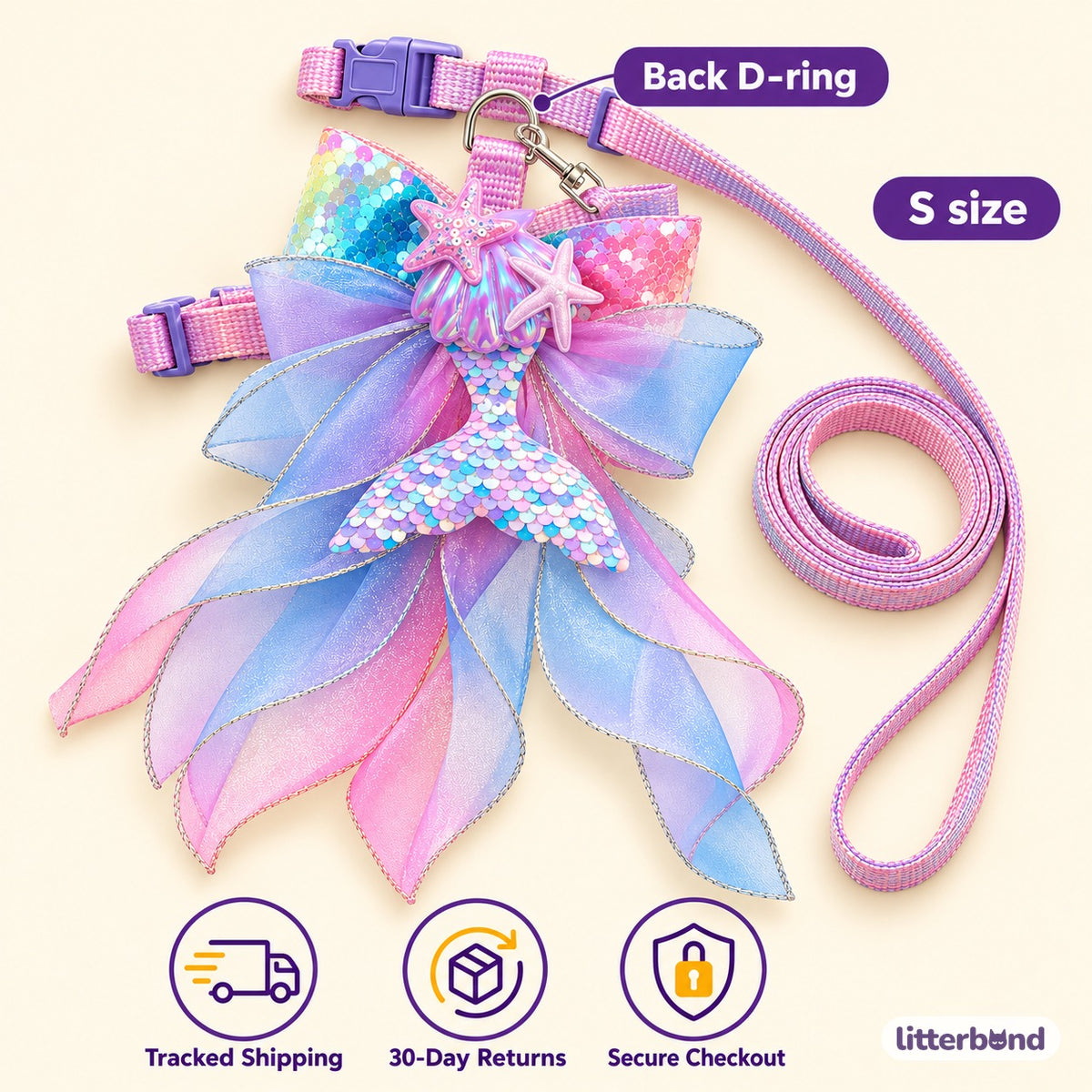 Pastel Mermaid Harness for Walks - size and details