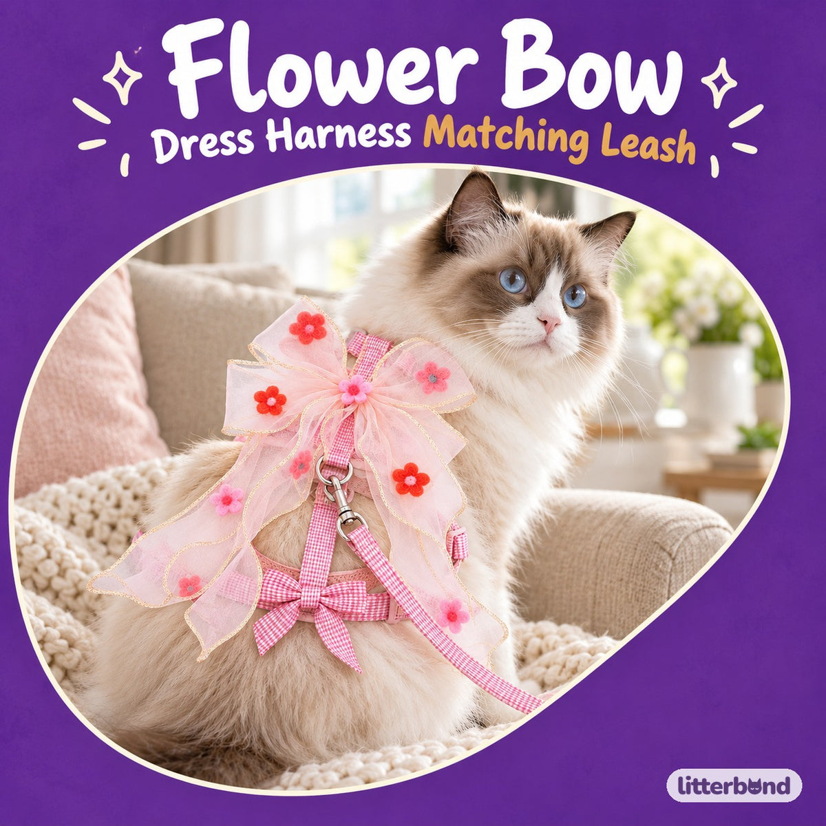 Floral Bow Harness for Walks on a cat