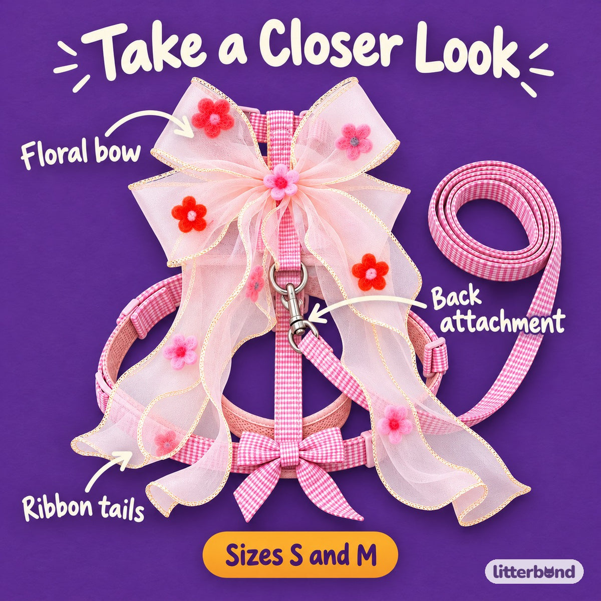 Floral Bow Harness for Walks - close-up details