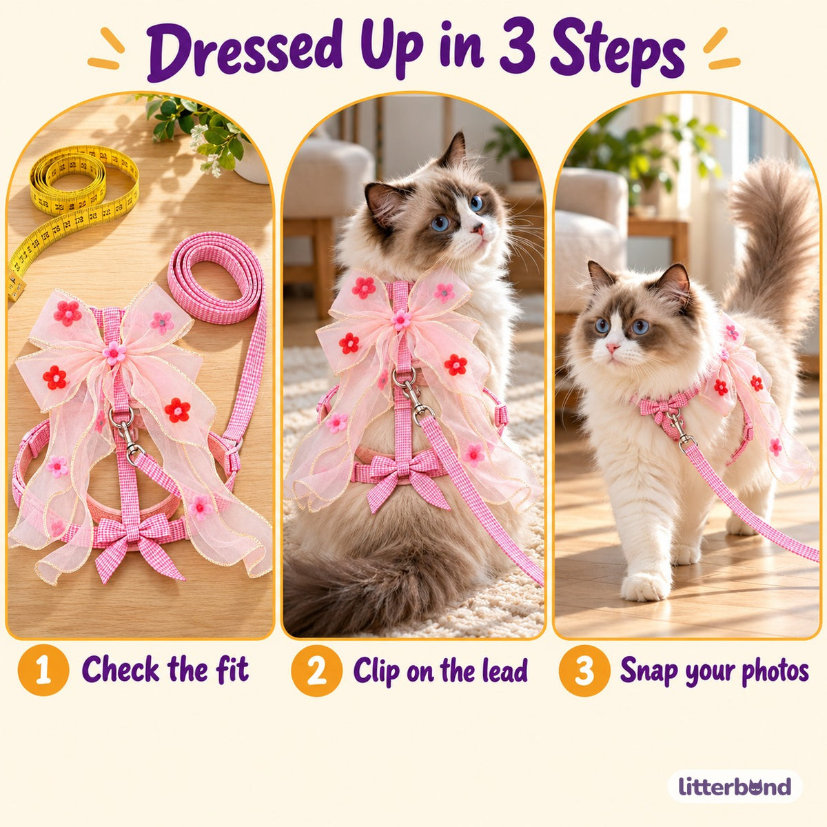 Floral Bow Harness for Walks - how to put it on