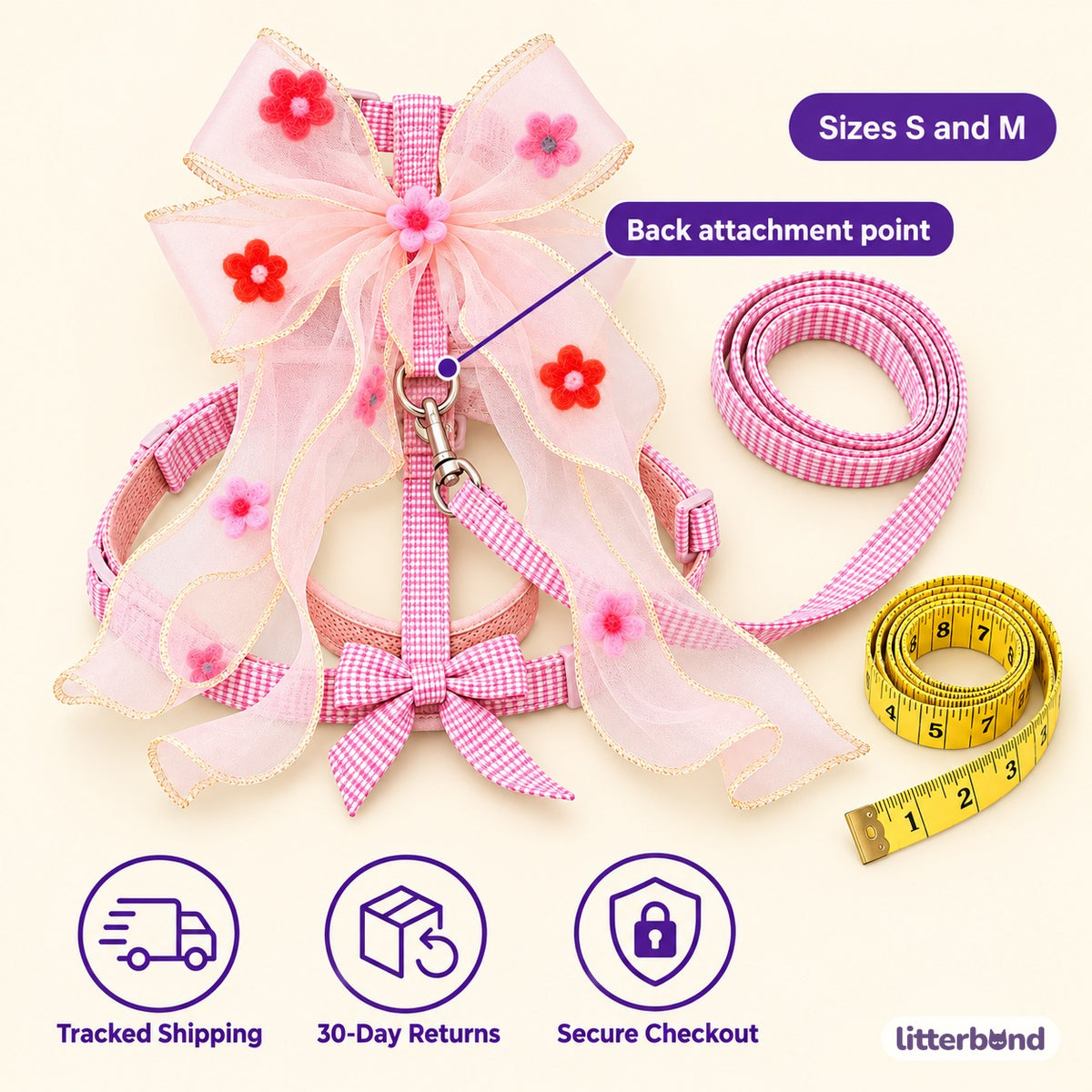 Floral Bow Harness for Walks - size and details