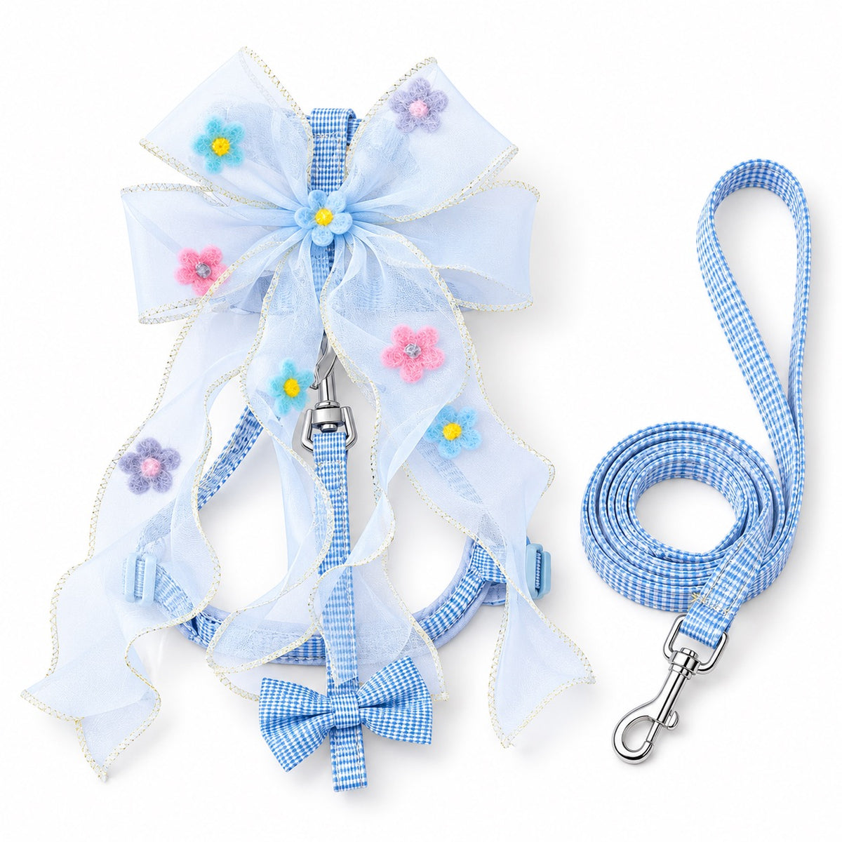 Floral Bow Harness for Walks - Pale Blue Flowers