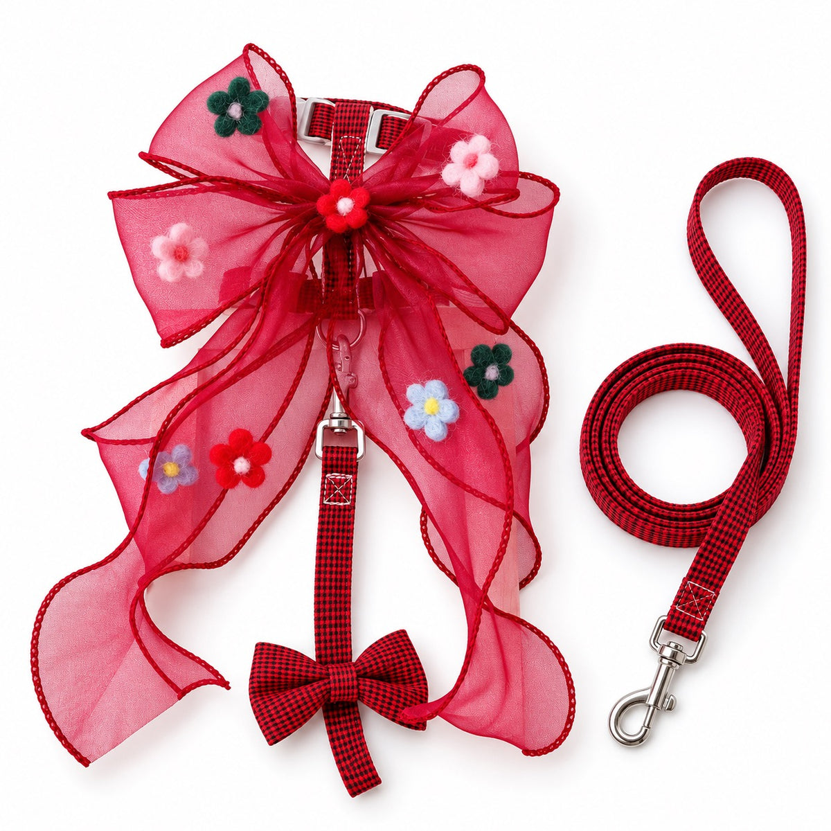 Floral Bow Harness for Walks - Wine Red Flowers