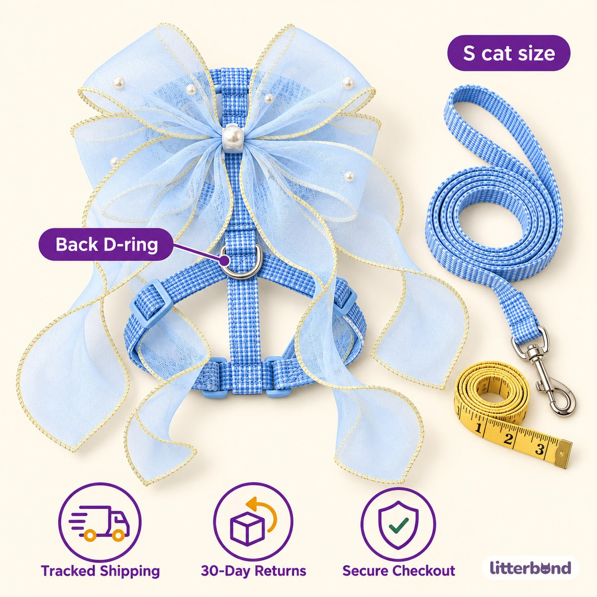 Sheer Bow Ribbon Walking Harness - size and details