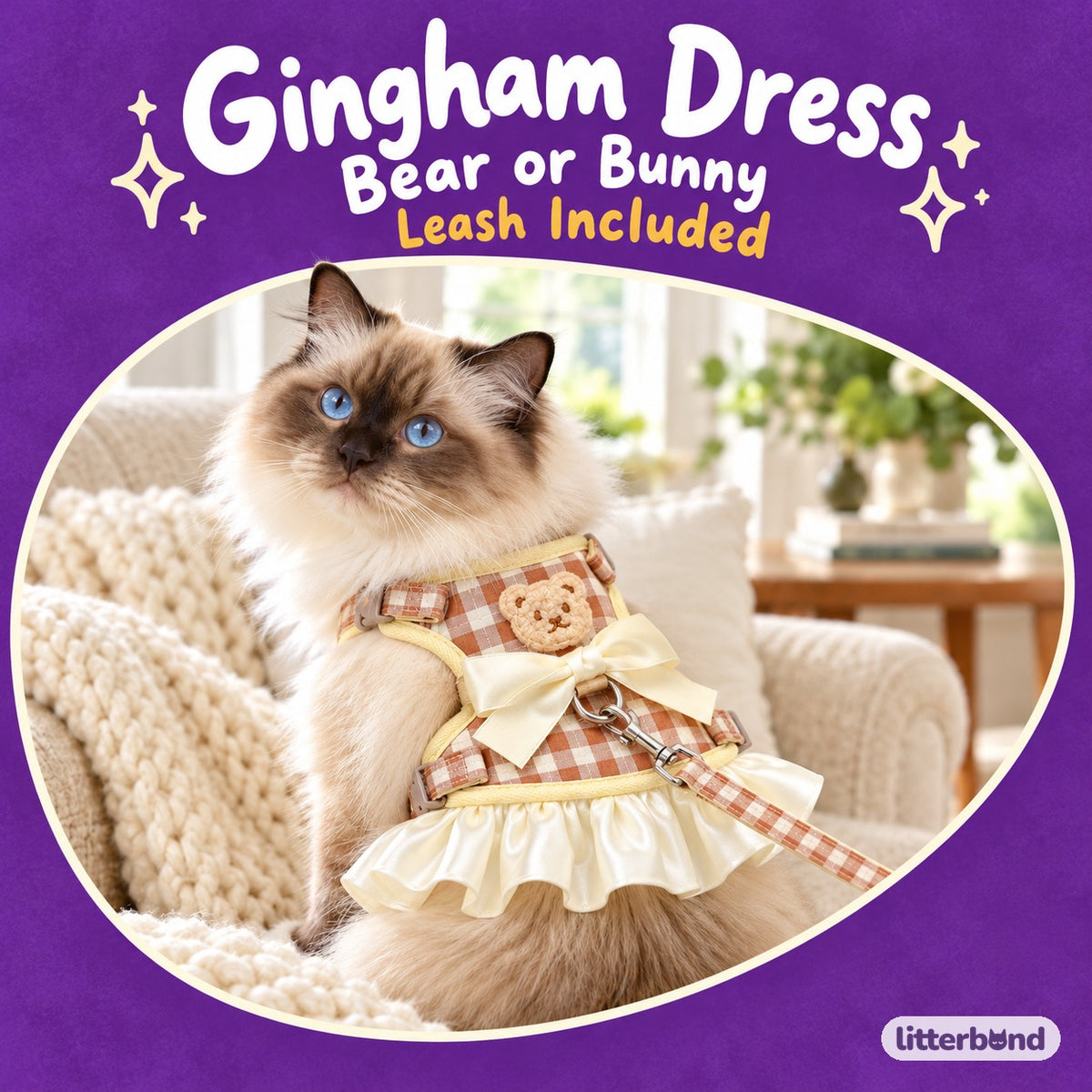 Gingham Bow Dress Harness Set on a cat