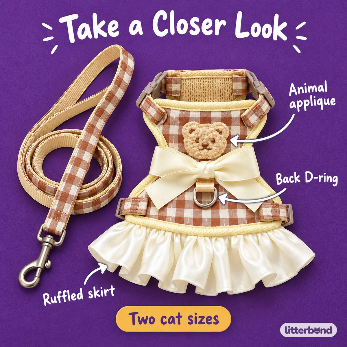 Gingham Bow Dress Harness Set - close-up details
