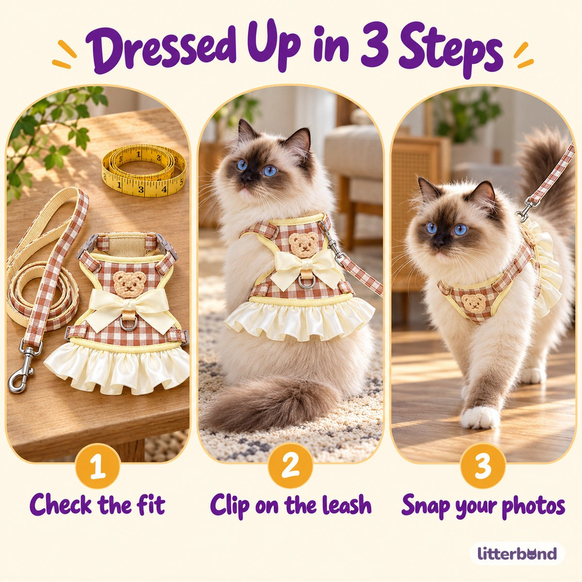 Gingham Bow Dress Harness Set - how to put it on