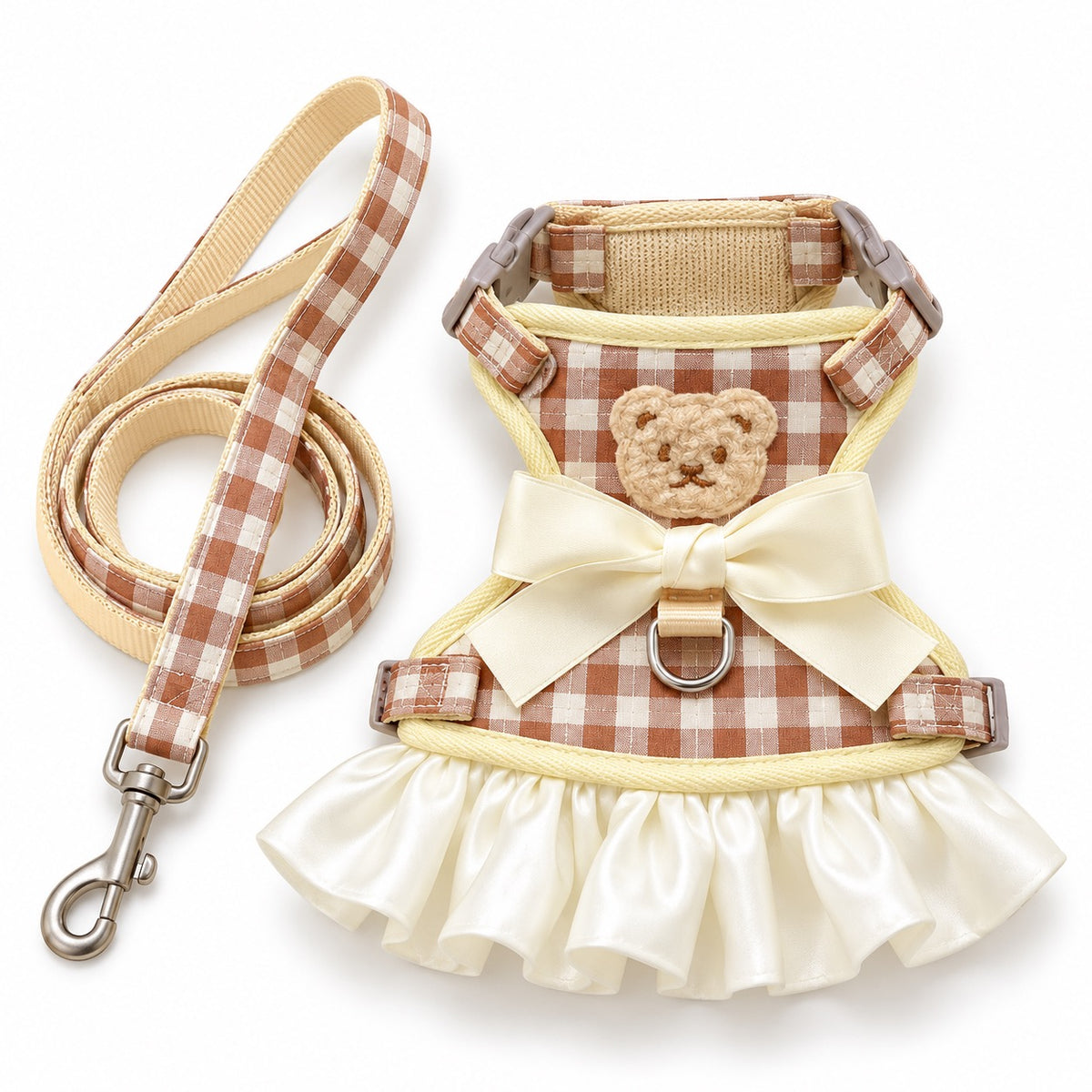 Gingham Bow Dress Harness Set - Brown Gingham Bear