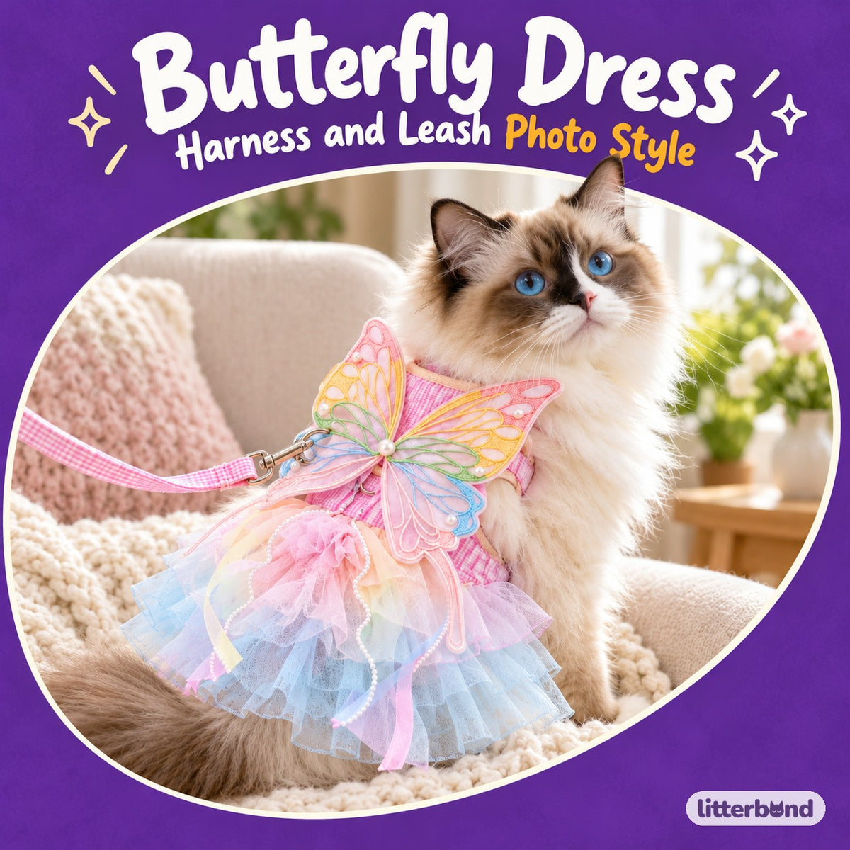 Pastel Butterfly Dress Harness Set on a cat