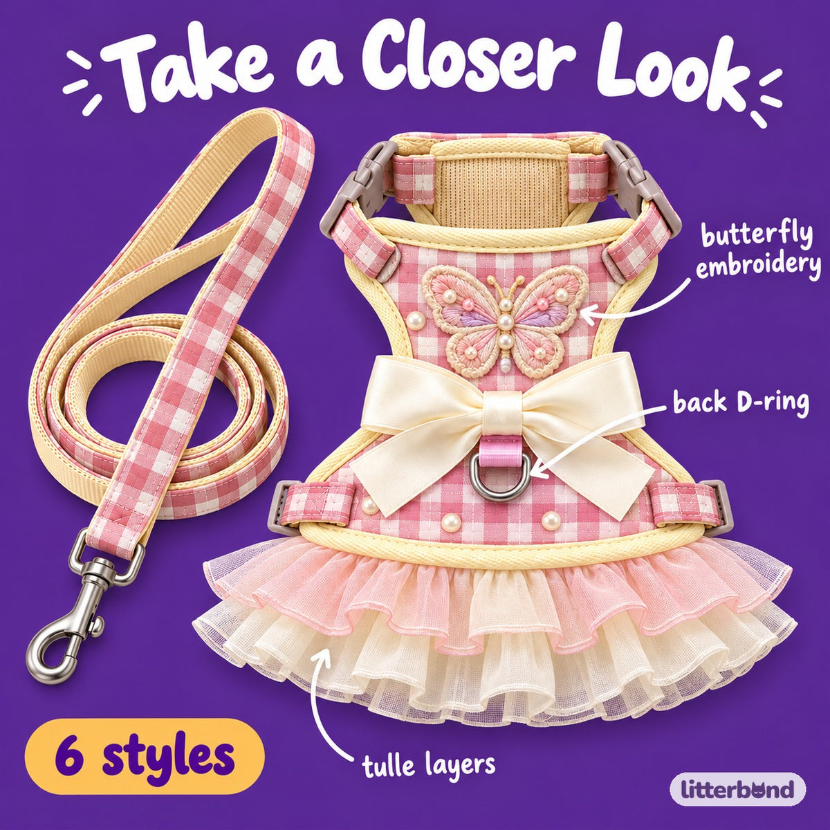 Pastel Butterfly Dress Harness Set - close-up details