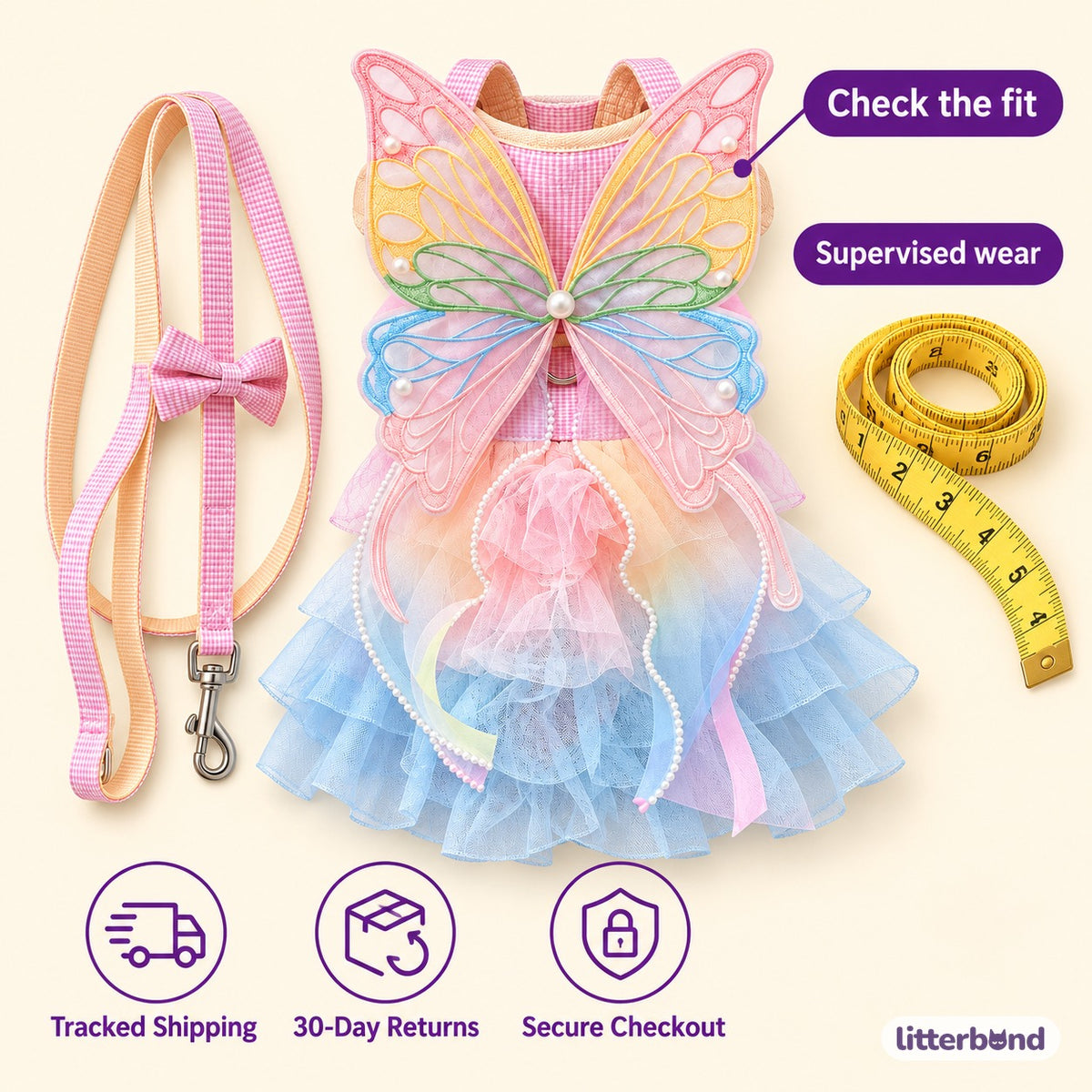 Pastel Butterfly Dress Harness Set - size and details