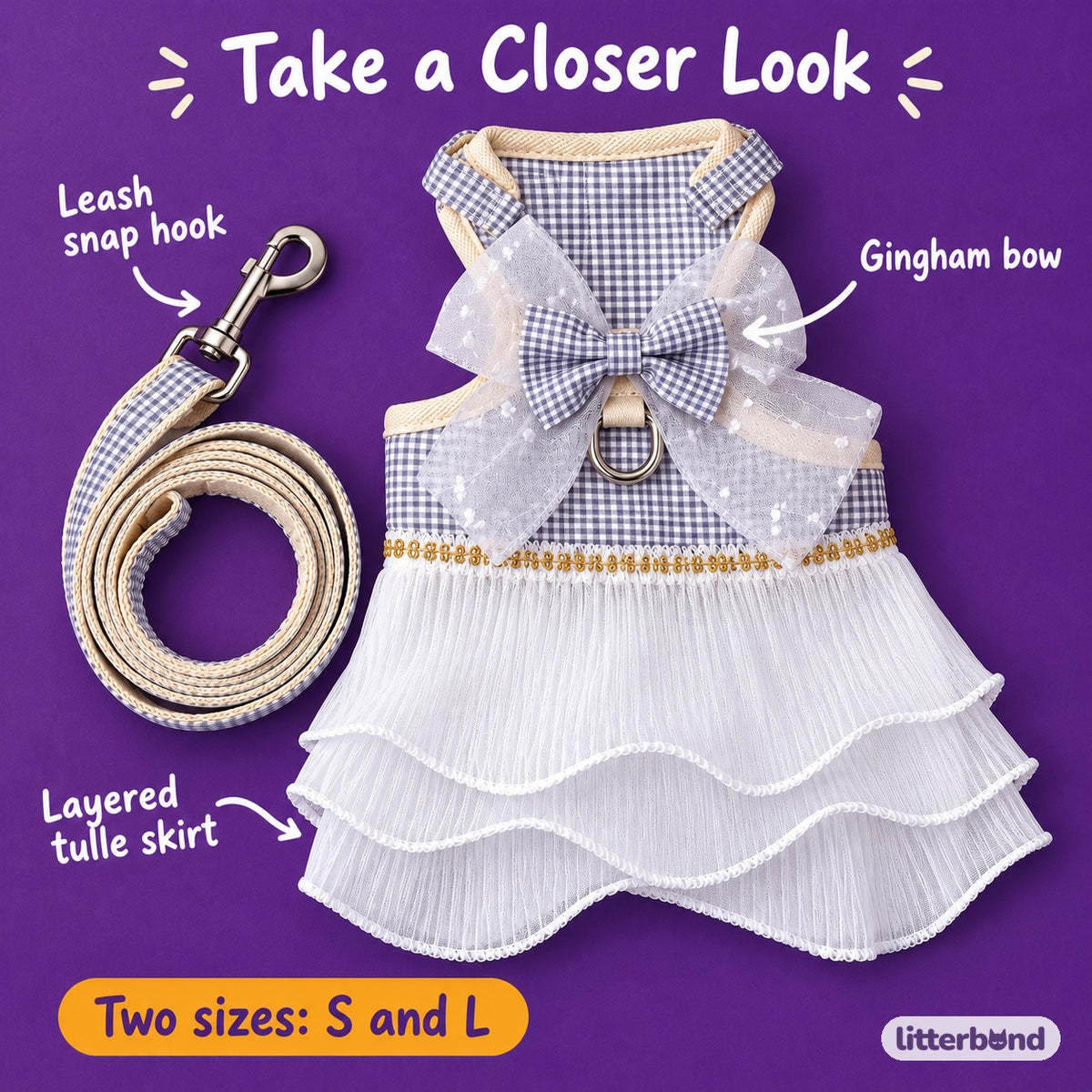 Gingham Tulle Dress Harness for Walks - close-up details