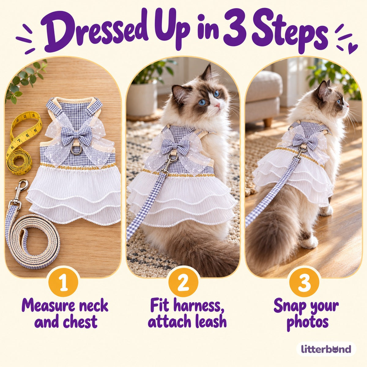 Gingham Tulle Dress Harness for Walks - how to put it on
