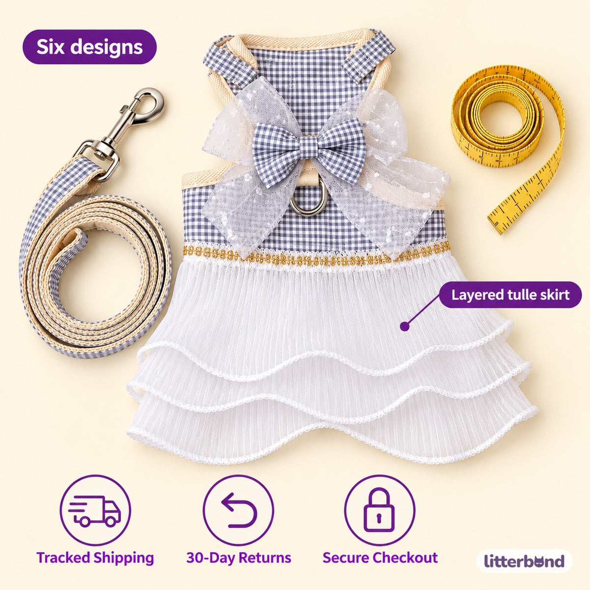 Gingham Tulle Dress Harness for Walks - size and details