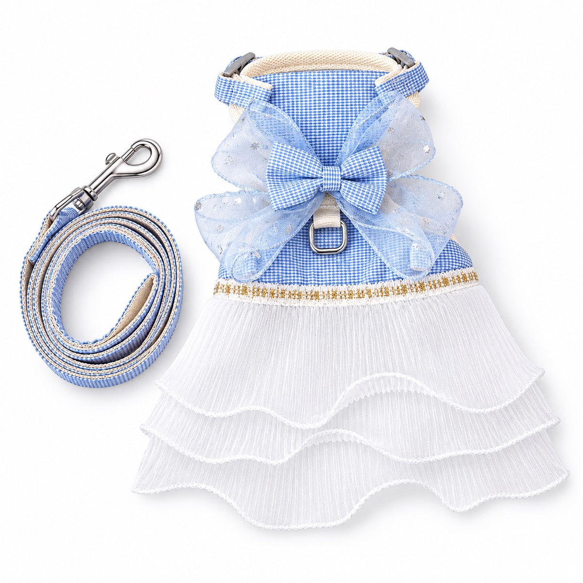 Gingham Tulle Dress Harness for Walks - Blue Three-Layer