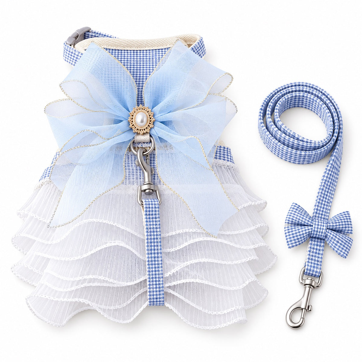 Gingham Tulle Dress Harness for Walks - Blue Six-Layer