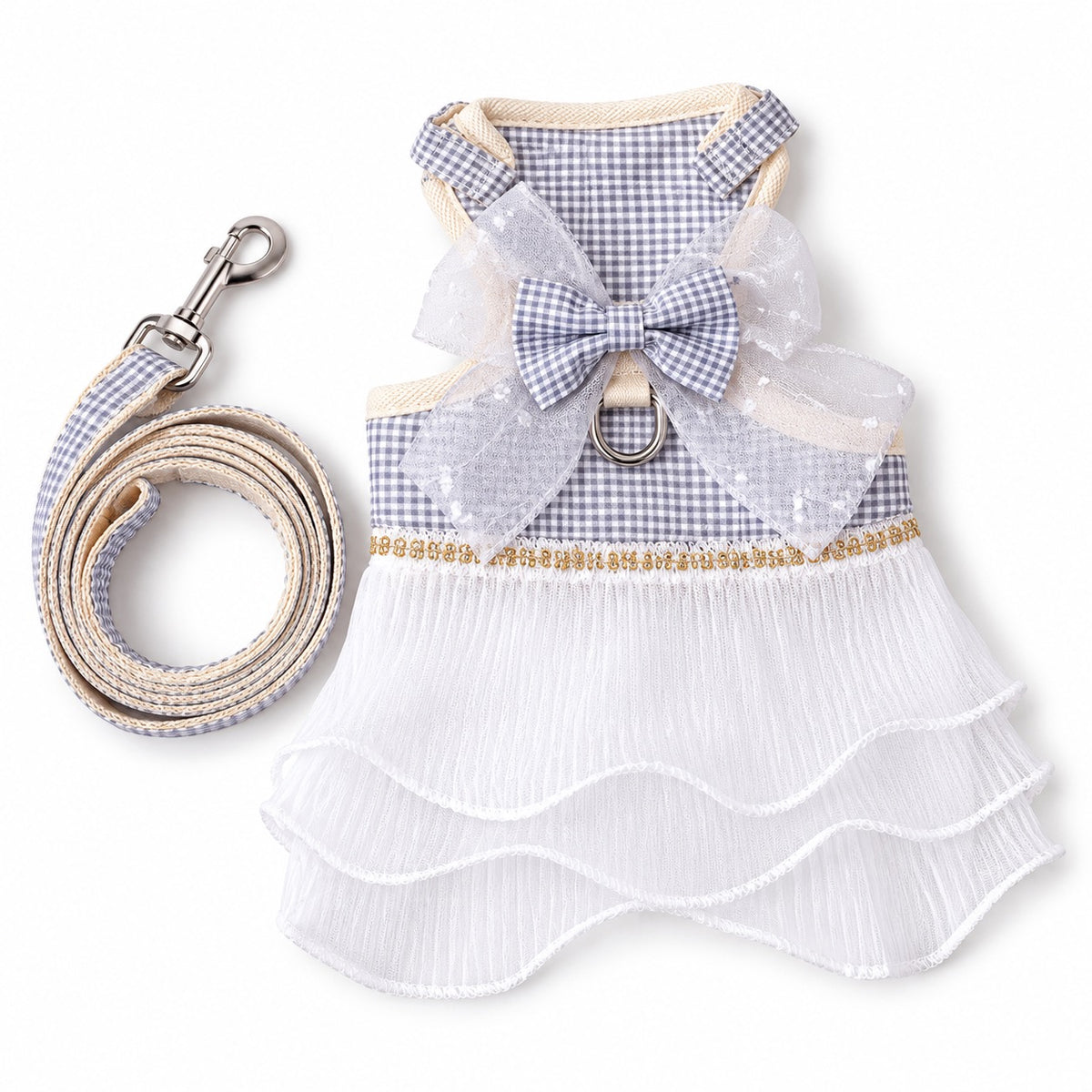 Gingham Tulle Dress Harness for Walks - Gray Three-Layer