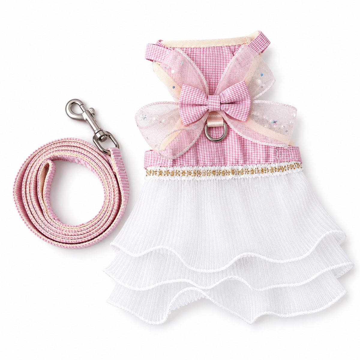 Gingham Tulle Dress Harness for Walks - Pink Three-Layer