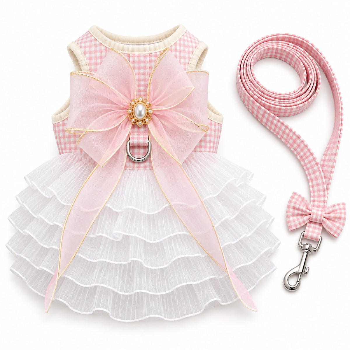 Gingham Tulle Dress Harness for Walks - Pink Six-Layer
