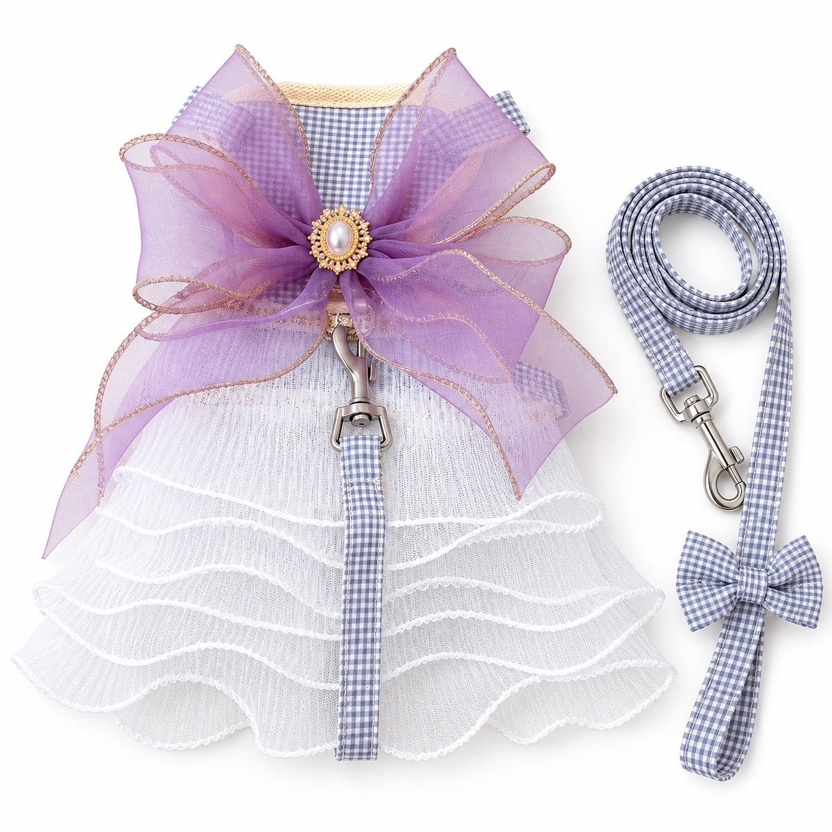 Gingham Tulle Dress Harness for Walks - Purple Six-Layer