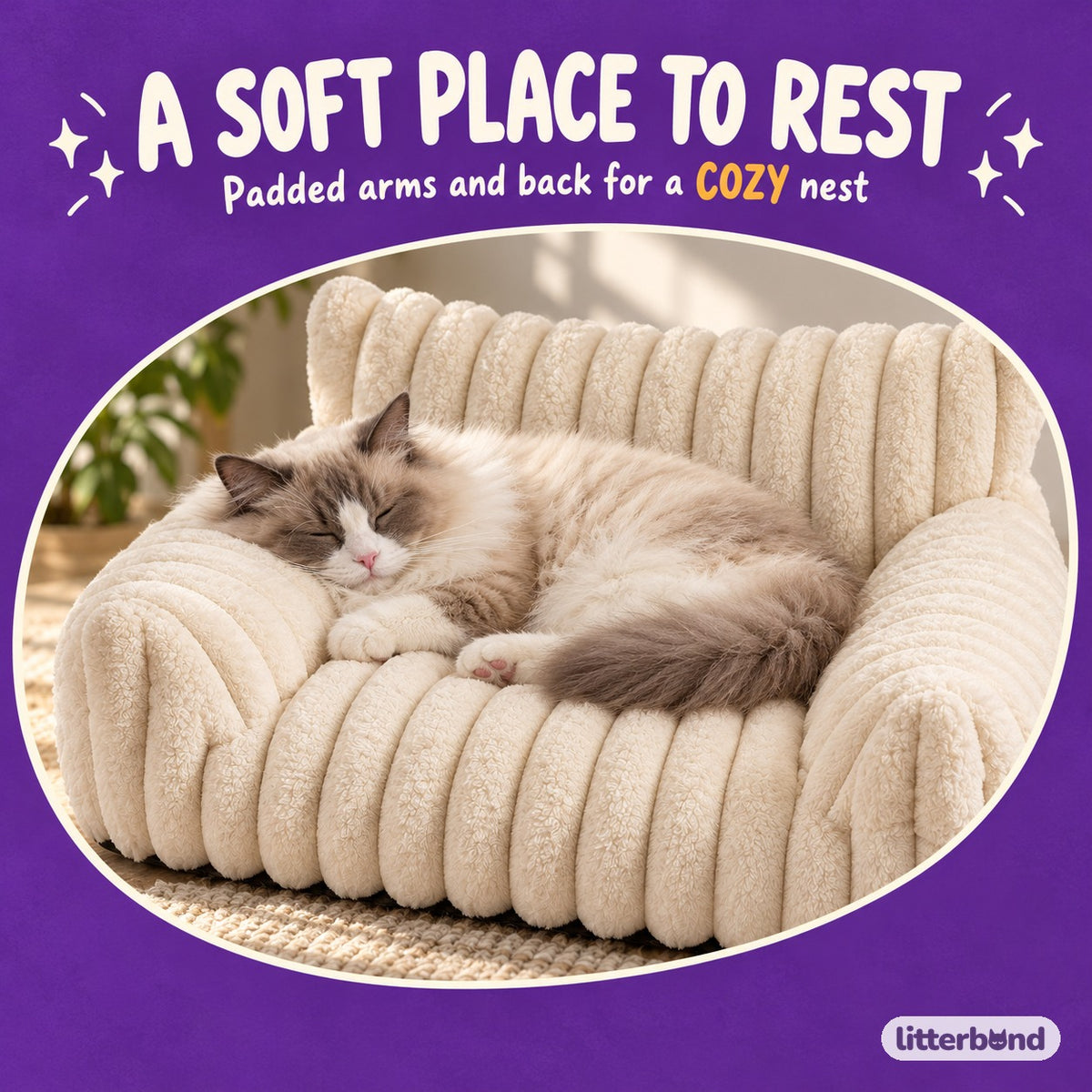 Ribbed Plush Sofa Nap Bed with a cat