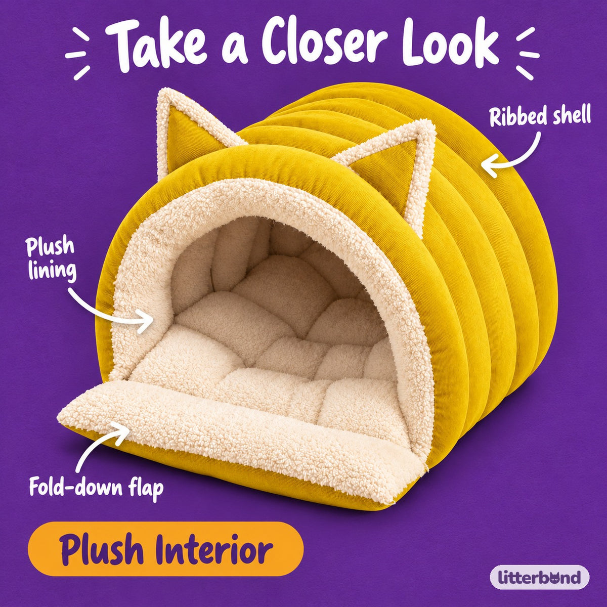 Ribbed Cat-Ear Cave Bed - close-up details