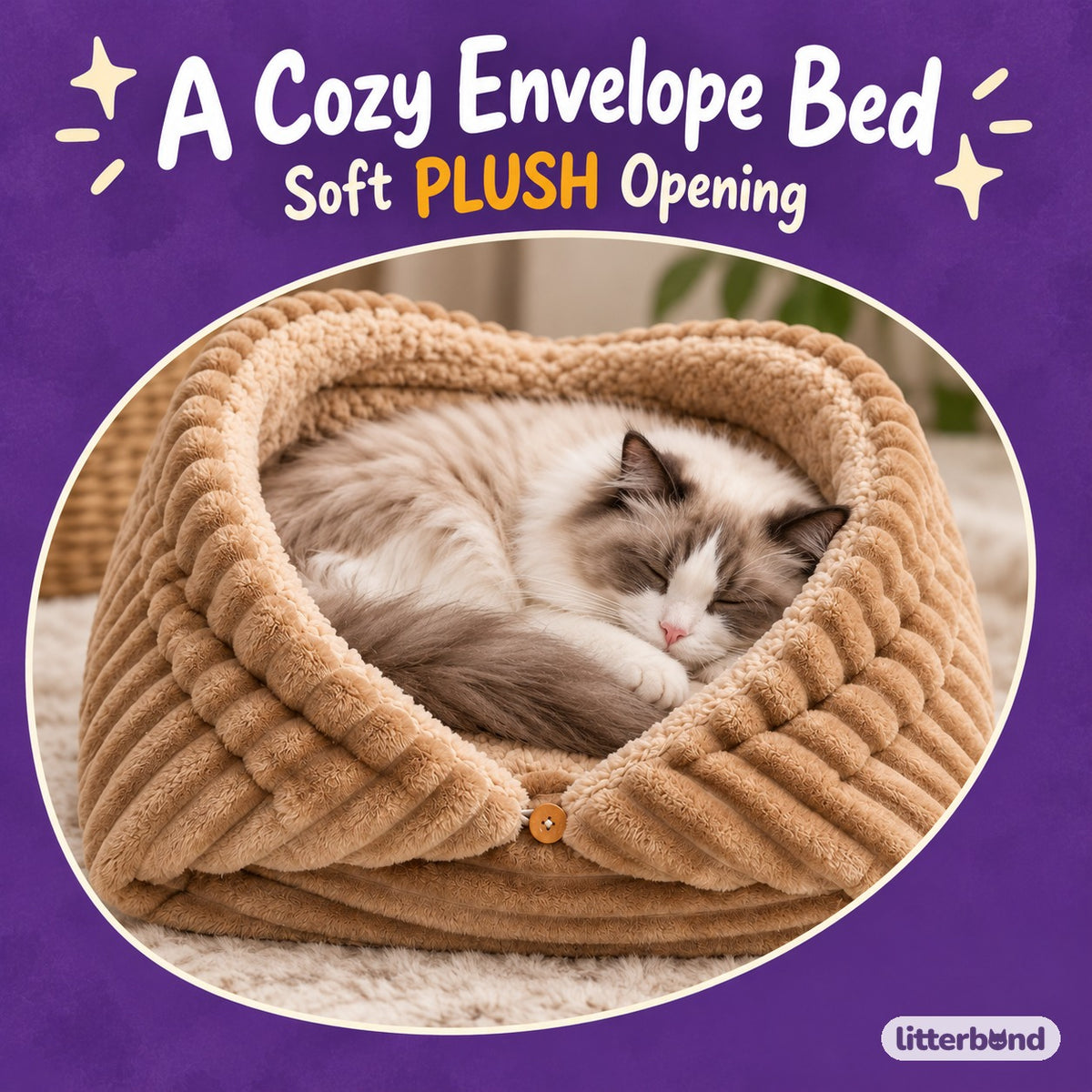 Ribbed Envelope Cat Cave Bed with a cat