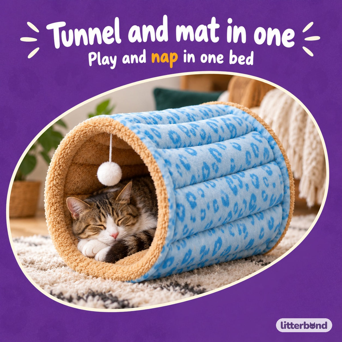Convertible Tunnel Mat Bed for Napping with a cat
