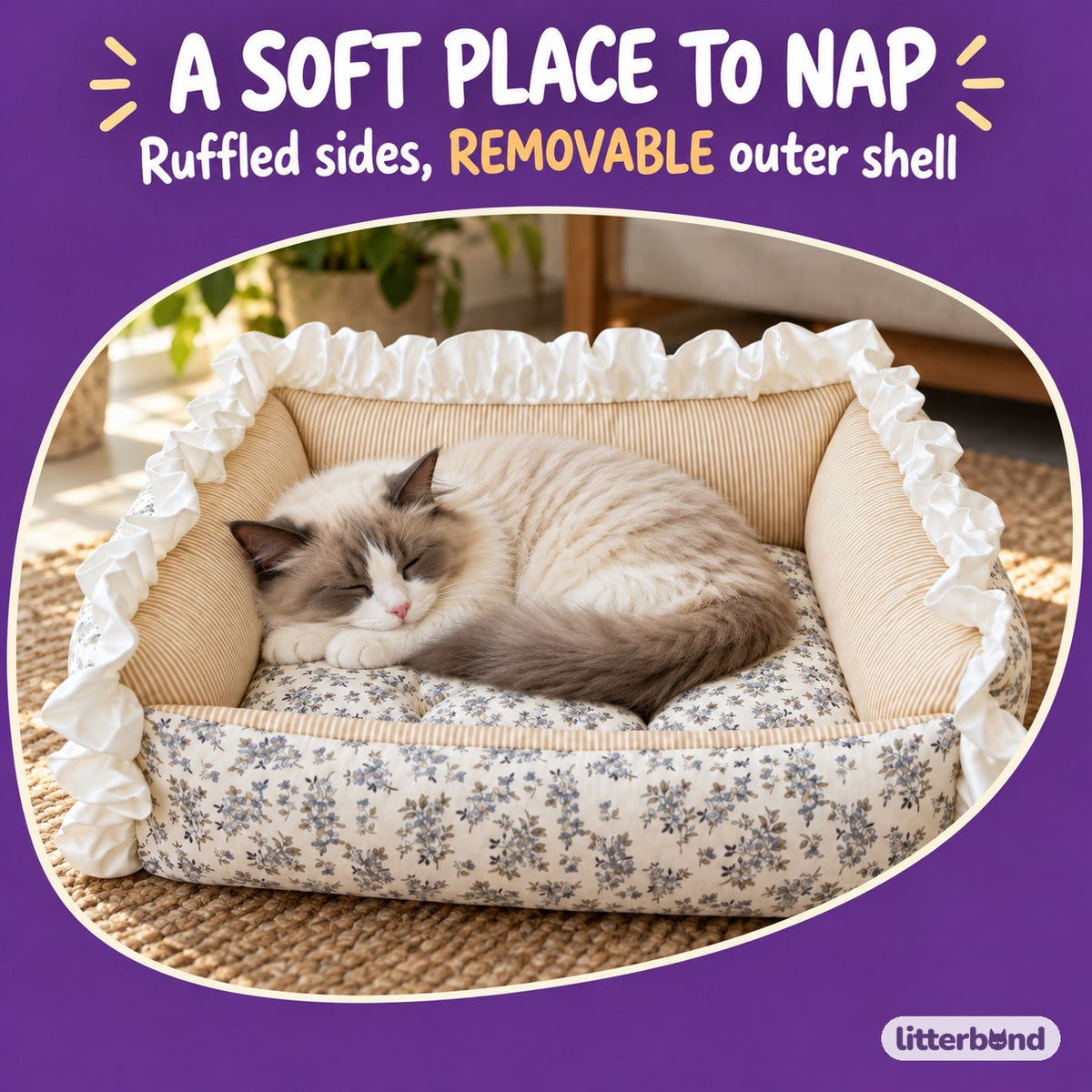 Ruffled Bolster Nap Bed with a cat