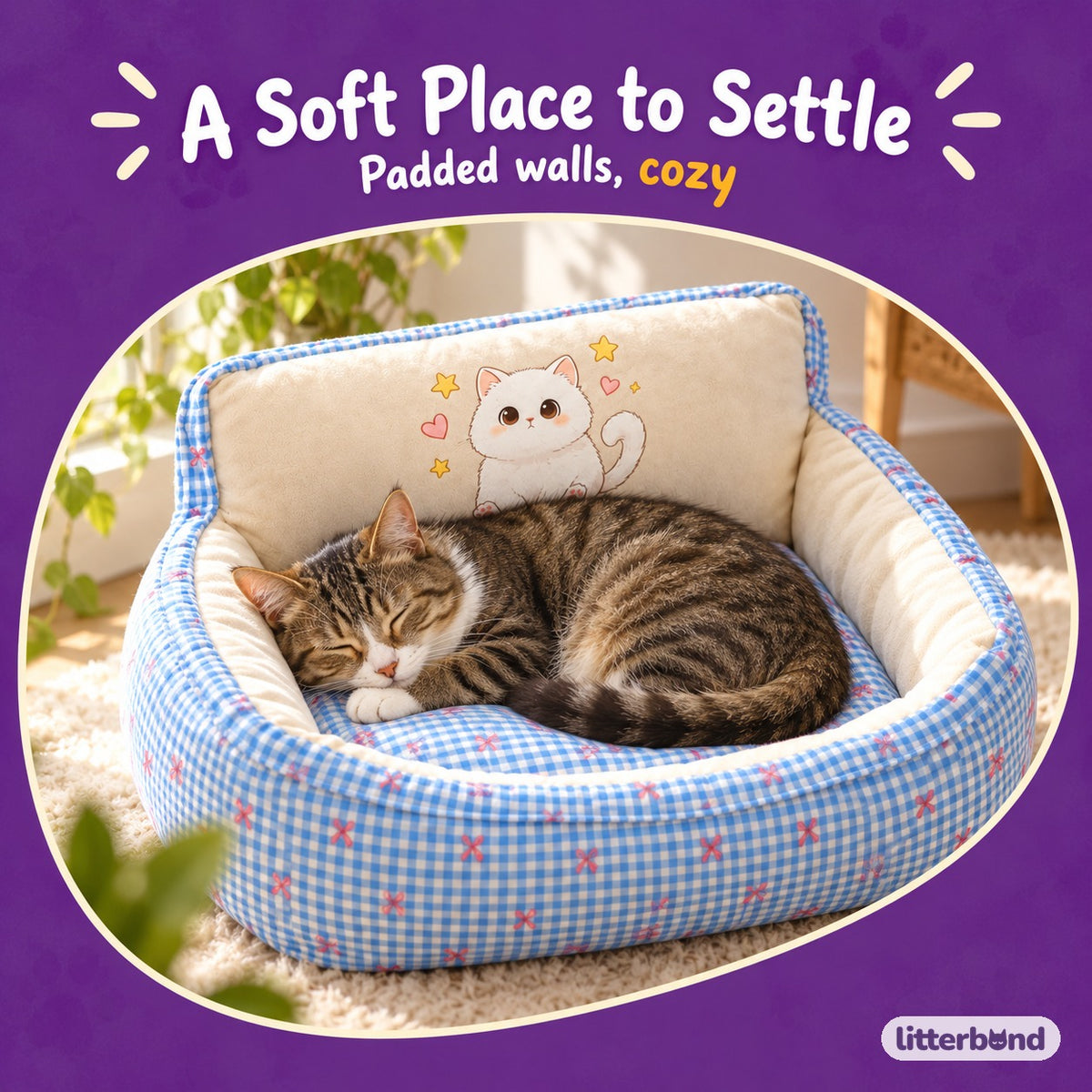 Gingham Piped Sofa Nap Bed with a cat