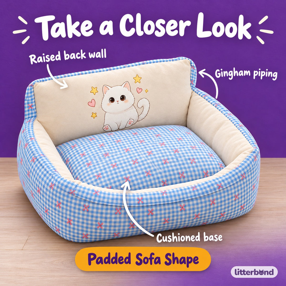 Gingham Piped Sofa Nap Bed - close-up details