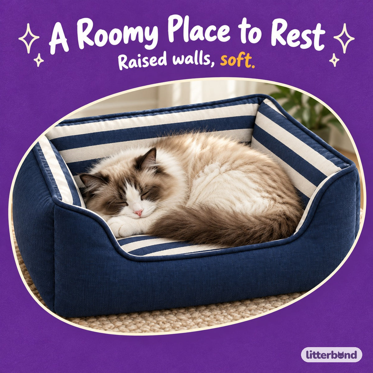 Navy Stripe Padded Lounger with a cat