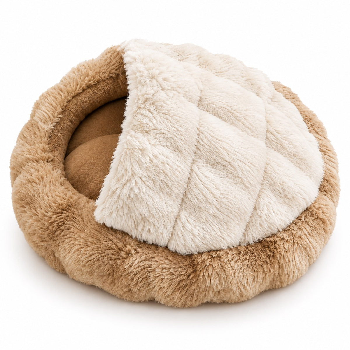 Plush Slipper Cave Bed - Warm Brown Cave with Blanket