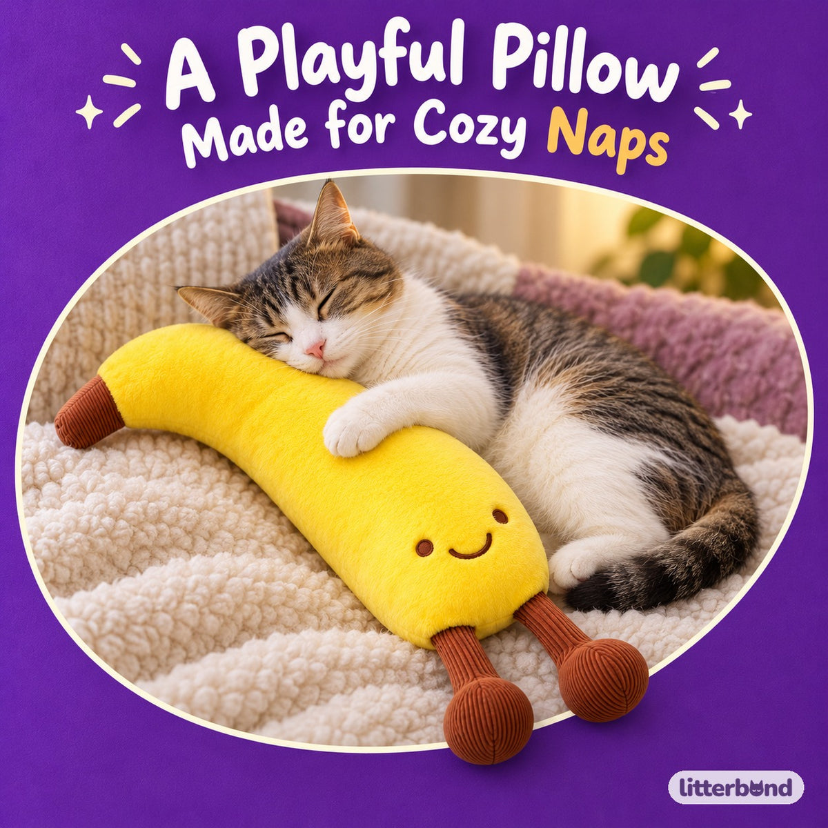Banana Plush Nap Lounger with a cat