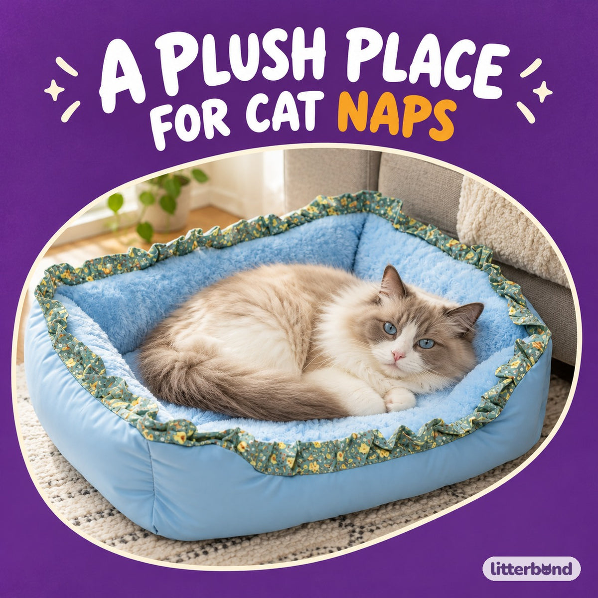 Ruffle Trim Plush Bed for Naps with a cat