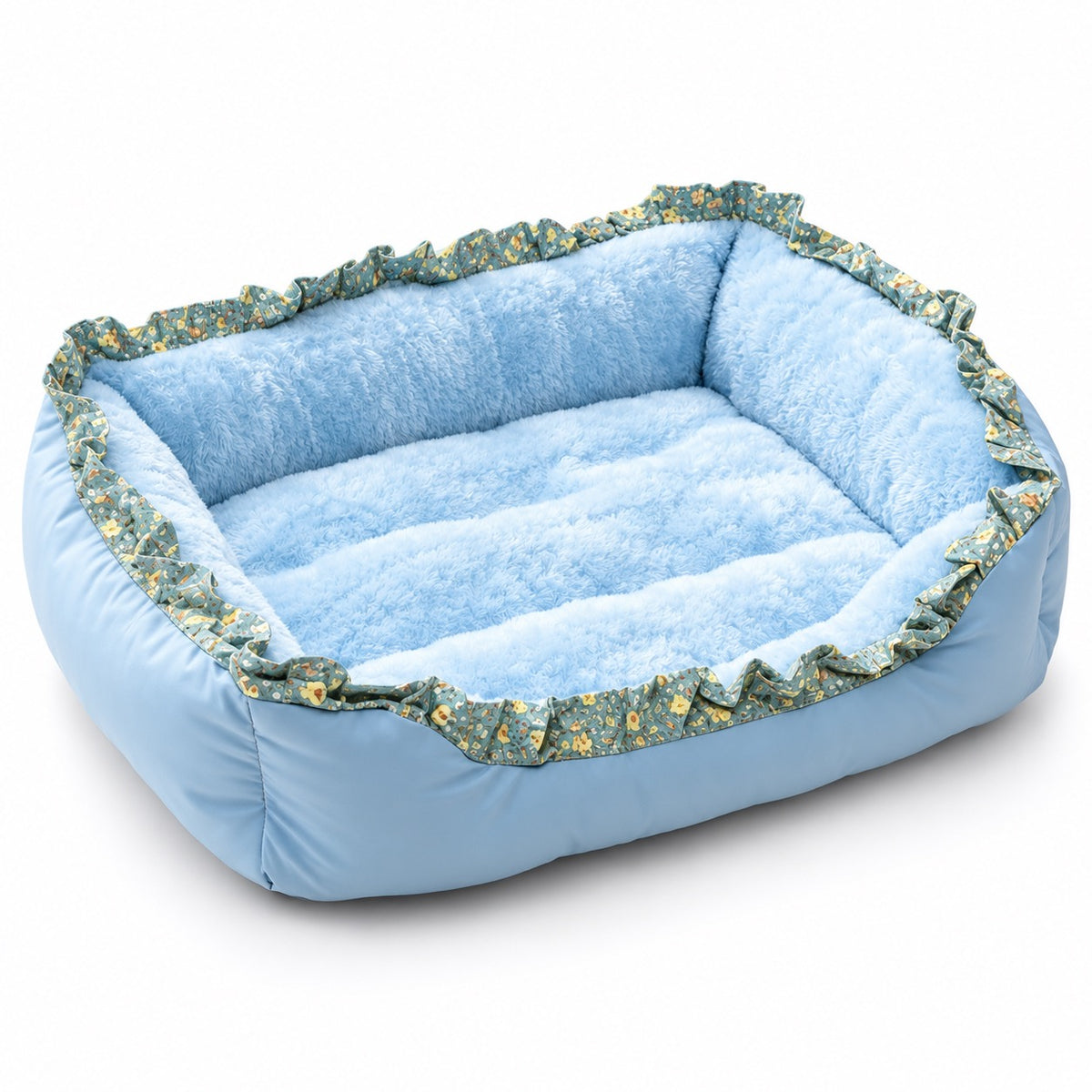 Ruffle Trim Plush Bed for Naps - Blue Floral Ruffle