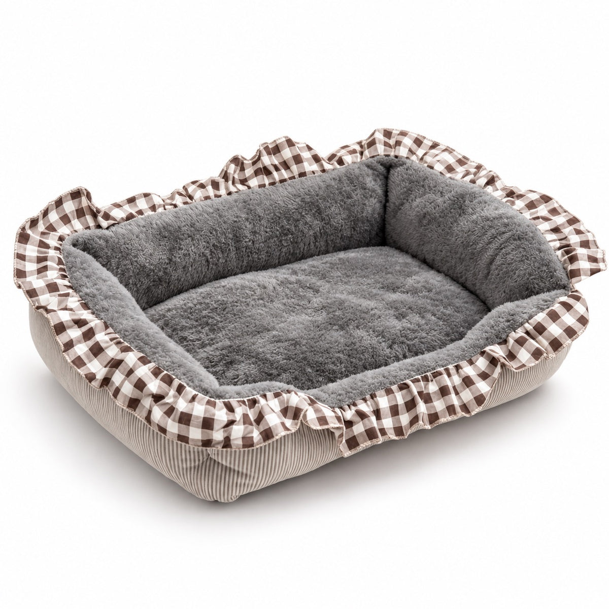 Ruffle Trim Plush Bed for Naps - Gray Gingham Ruffle