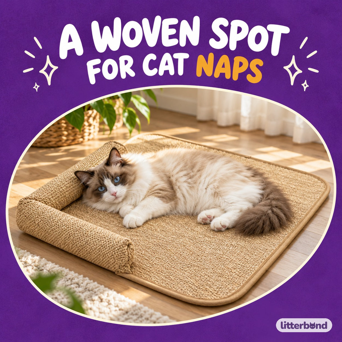 Tan Woven Bed for Naps with a cat