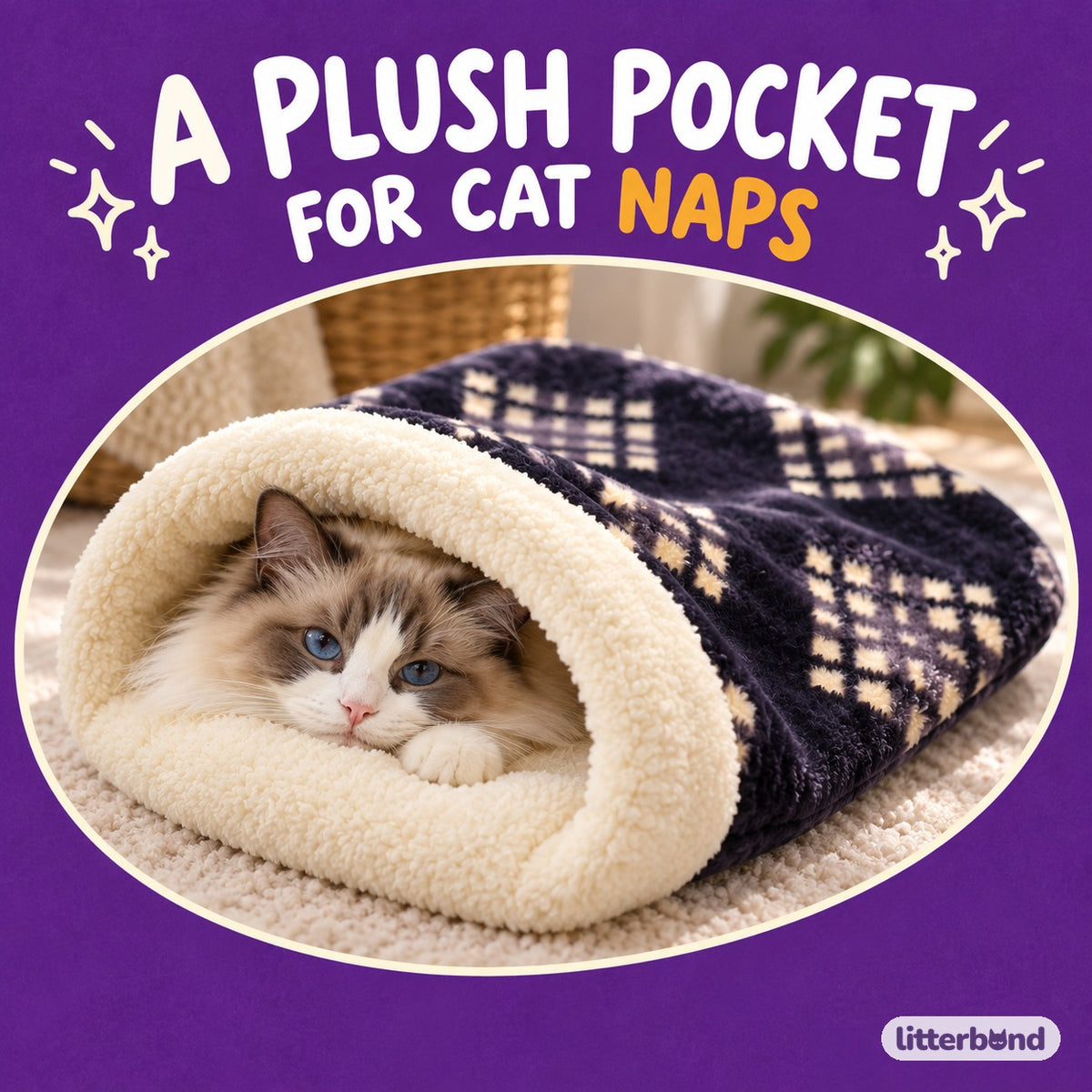 Plush Cuff Pocket Bed for Naps with a cat