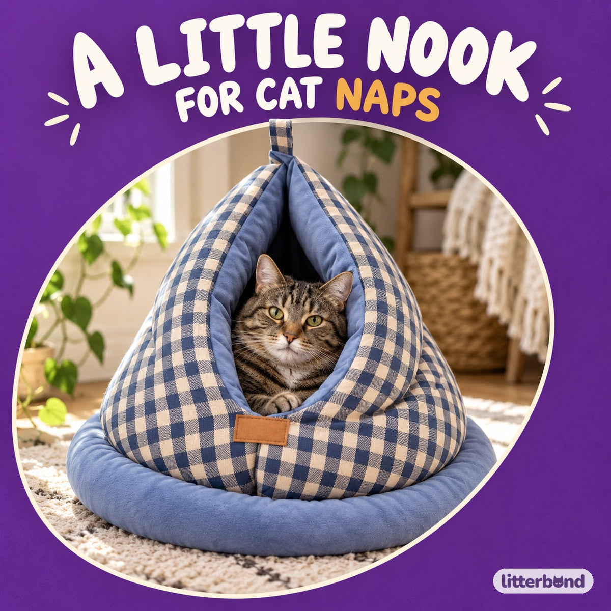 Gingham Cave Bed for Naps with a cat