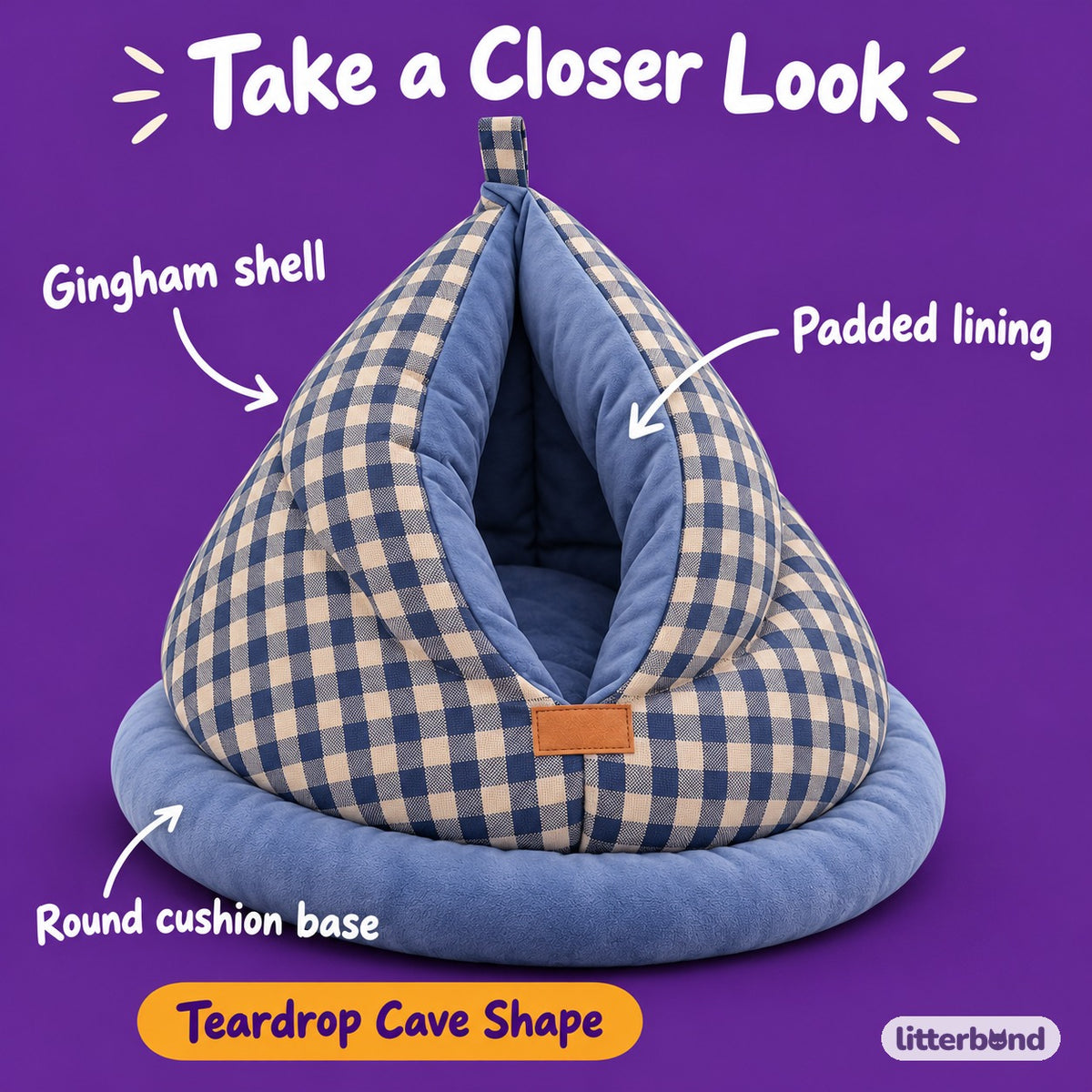 Gingham Cave Bed for Naps - close-up details