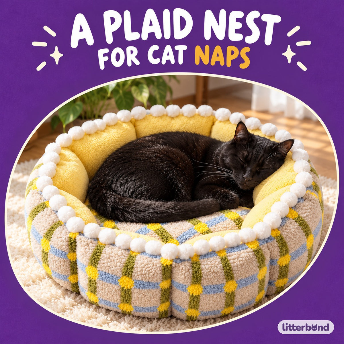 Pom Trim Plaid Bed for Naps with a cat