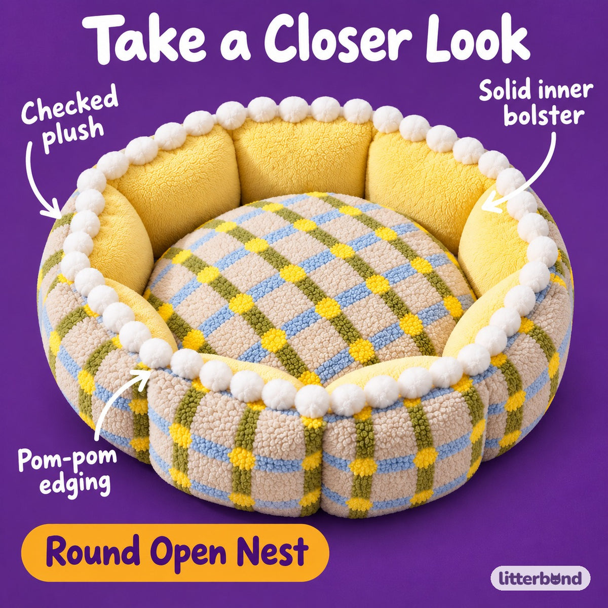 Pom Trim Plaid Bed for Naps - close-up details