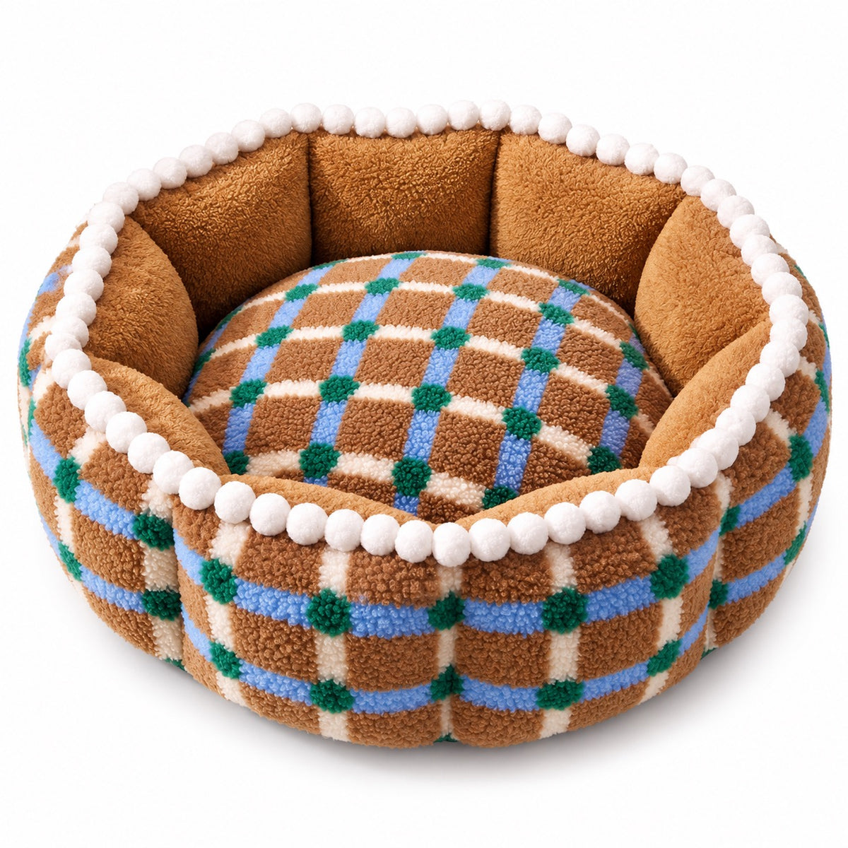 Pom Trim Plaid Bed for Naps - Brown Plaid