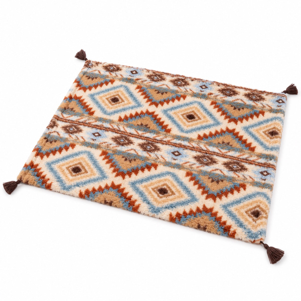 Patterned Plush Blanket Mat for Naps - Blue Geometric Tassels