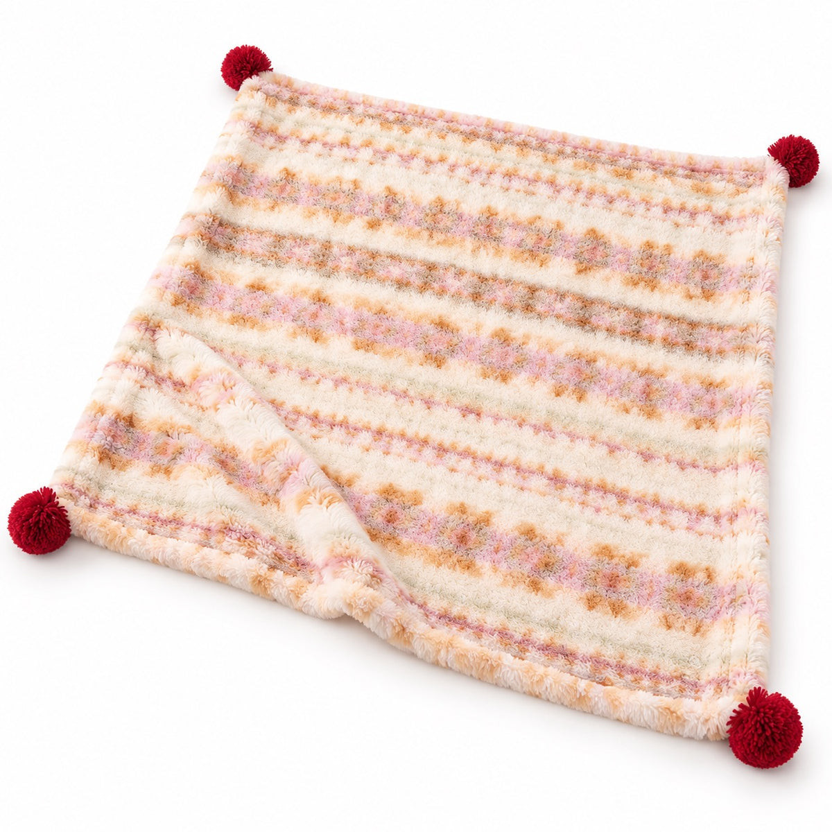 Patterned Plush Blanket Mat for Naps - Pink Fair Isle Pom-Poms