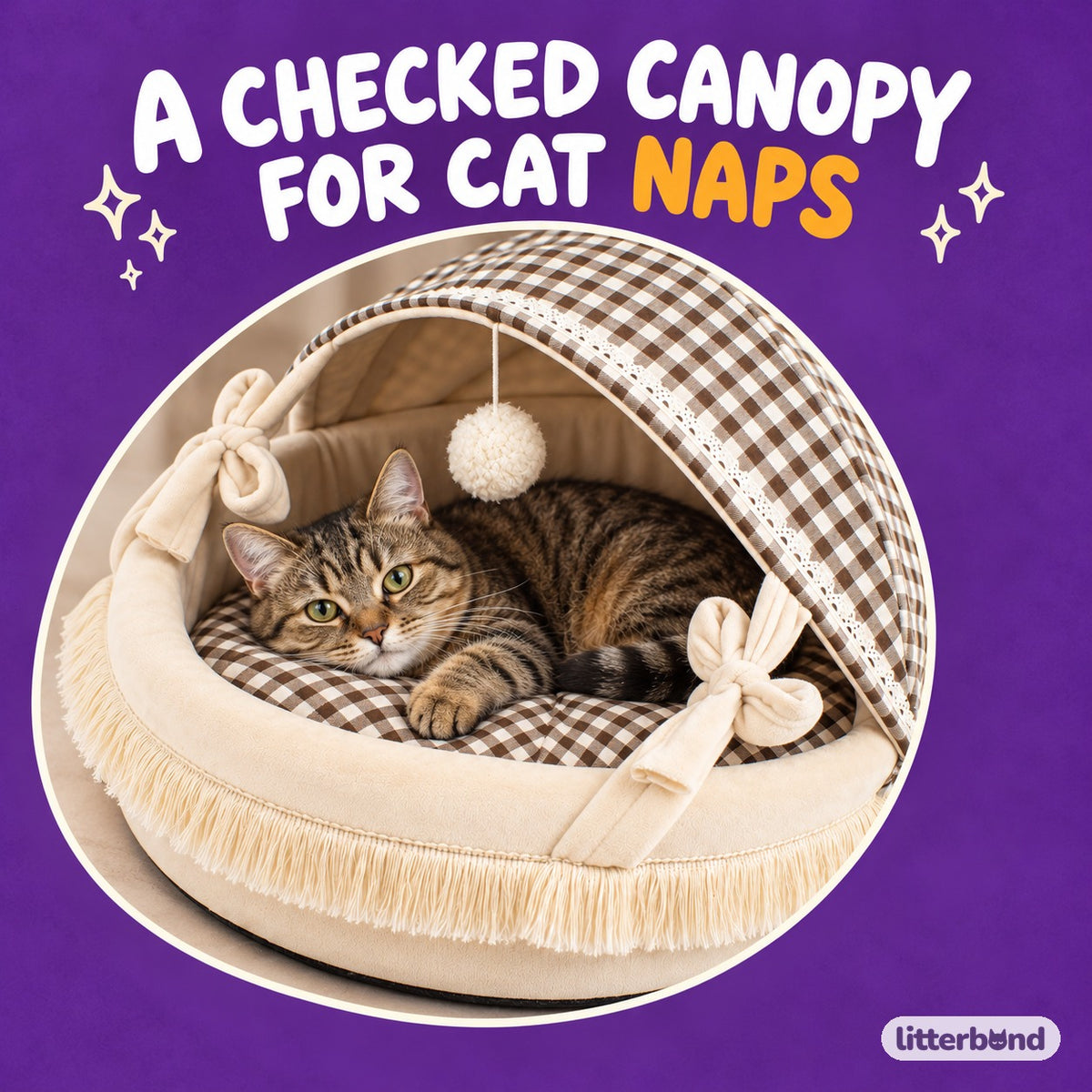 Gingham Canopy Bed for Naps with a cat