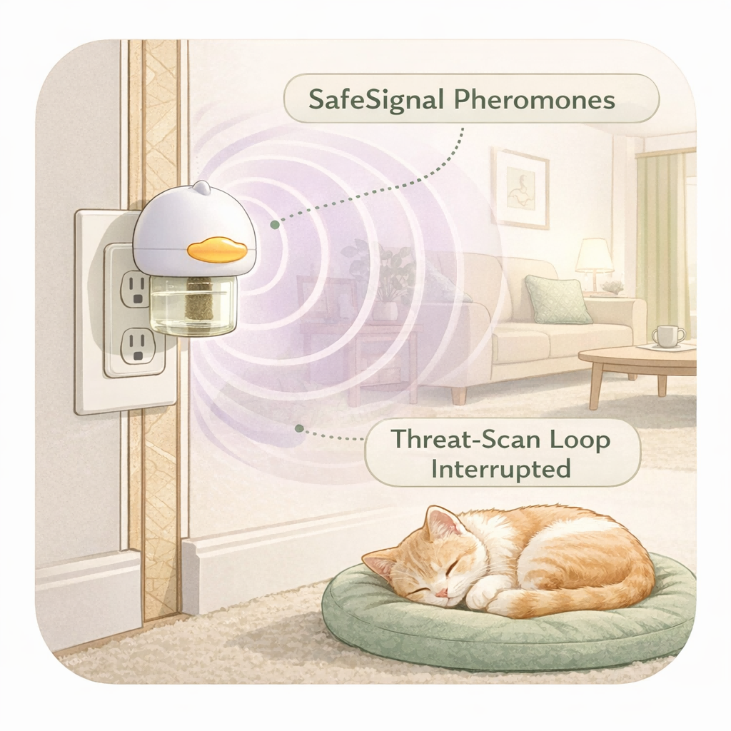 Cat safe signalpheromones device with a cat sleeping on a cushion in a home setting