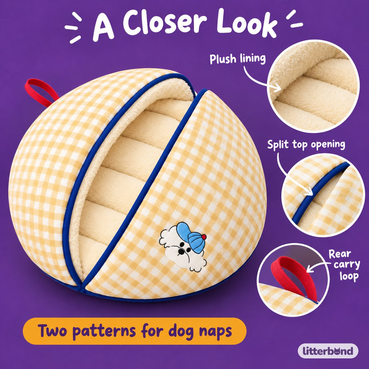 Clamshell Dog Bed for Naps - close-up details