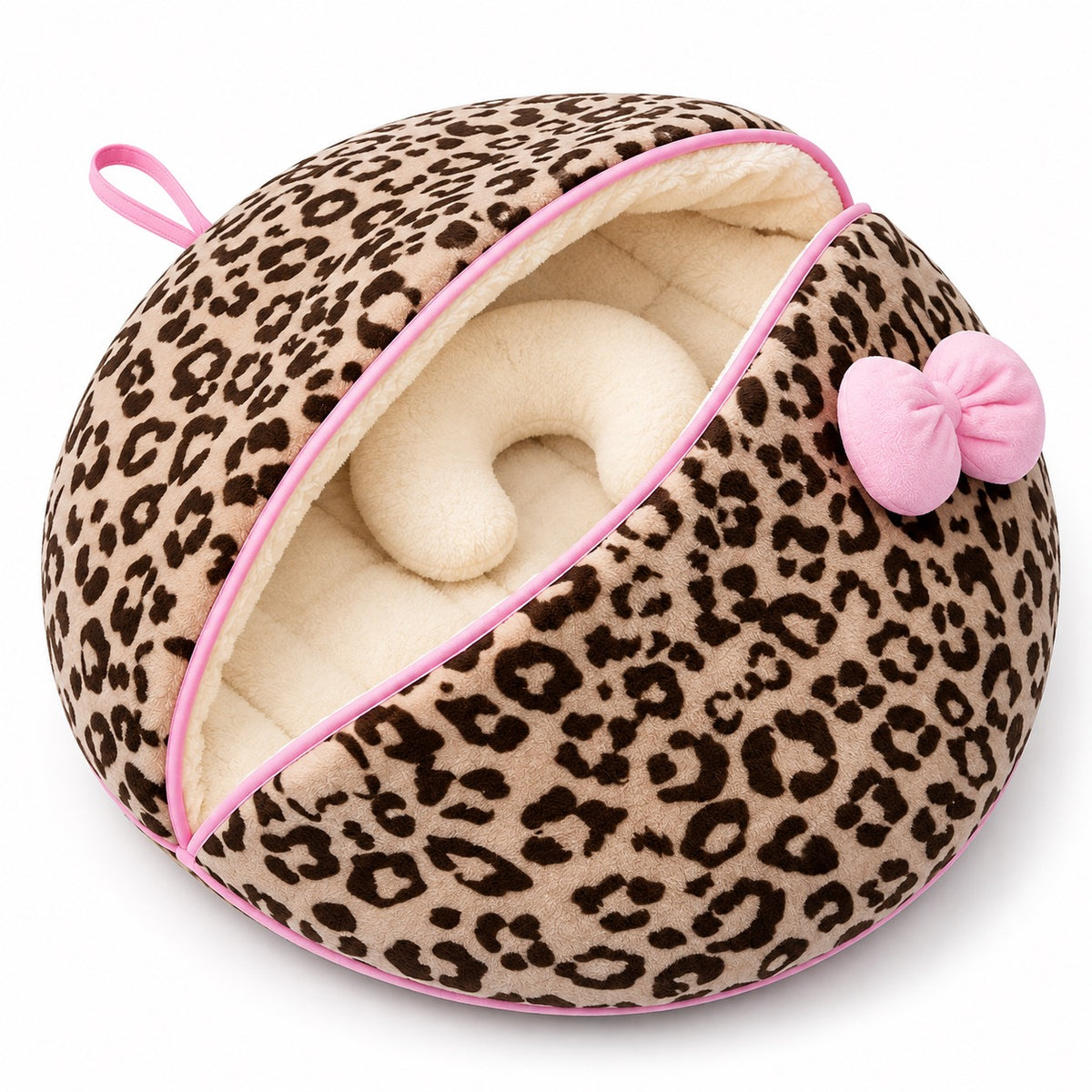 Clamshell Dog Bed for Naps - Leopard Bed + Pillow